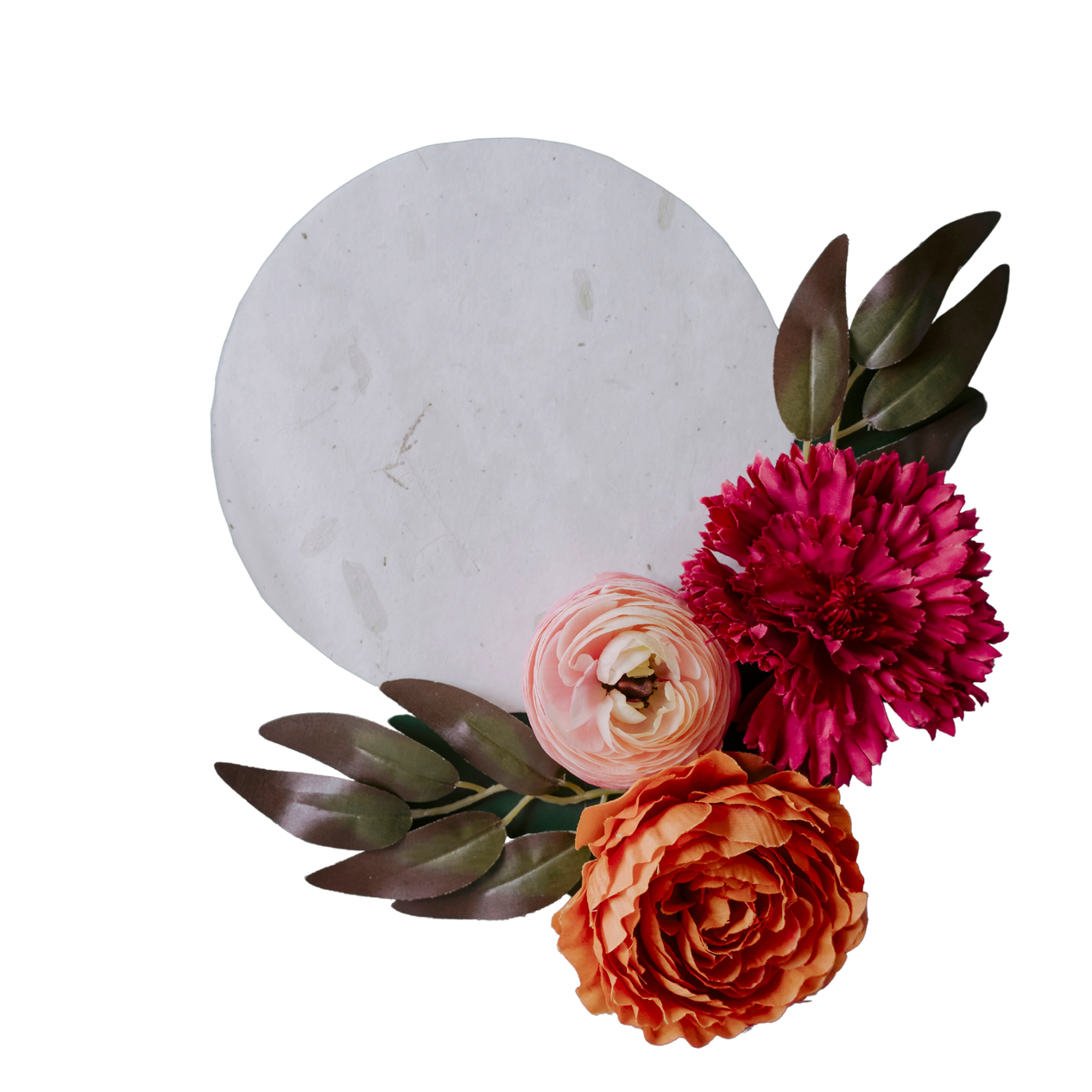 White Round Paper with Flowers Flatlay